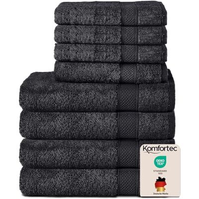 Komfortec Zestaw 8 ręczników ze 100% bawełny, 4 ręczniki kąpielowe 70 x 140 cm i 4 ręczniki do rąk 50 x 100 cm, frotte, miękkie, duże ręczniki do rąk, czarne Komfortec Zestaw 8 ręczników ze 100% bawełny, 4 ręczniki kąpielowe 70 x 140 cm i 4 ręczniki do rąk 50 x 100 cm, frotte, miękkie, duże ręczniki do rąk, czarne