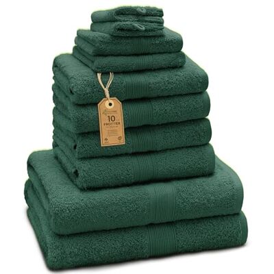 GREEN MARK Textilien GREEN MARK 10-częściowy zestaw ręczników z 100% bawełny – 4 ręczniki 50×100 cm, 2 ręczniki kąpielowe 70×140 cm, 2 ręczniki gościnne 30×50 cm oraz 2 rękawice do mycia – Donkergroen GREEN MARK Textilien GREEN MARK 10-częściowy zestaw ręczników z 100% bawełny – 4 ręczniki 50×100 cm, 2 ręczniki kąpielowe 70×140 cm, 2 ręczniki gościnne 30×50 cm oraz 2 rękawice do mycia – Donkergroen