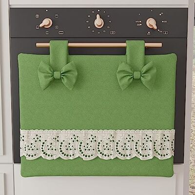 PETTI Artigiani Italiani Elegancki pokrowiec na piekarnik z bawełny, w jednolitym kolorze, w stylu shabby chic, z falbanką z koronki sangallowej i kokardkami, pokrywą piekarnika 50 x 42 cm, zielony PETTI Artigiani Italiani Elegancki pokrowiec na piekarnik z bawełny, w jednolitym kolorze, w stylu shabby chic, z falbanką z koronki sangallowej i kokardkami, pokrywą piekarnika 50 x 42 cm, zielony