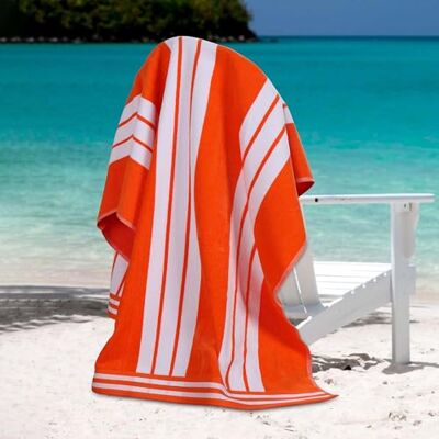 Superior Ponadwymiarowy żakardowy bawełniany ręcznik plażowy z długim odcinkiem, koralowy w paski Cabana Superior Ponadwymiarowy żakardowy bawełniany ręcznik plażowy z długim odcinkiem, koralowy w paski Cabana