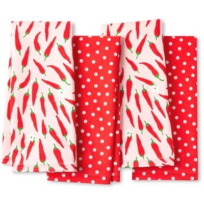 kate spade new york Zestaw 4 ręczników kuchennych Hot Peppers & Spring Times Dot, chłonne, 100% bawełna, czerwono-różowe, 43 × 71 cm kate spade new york Zestaw 4 ręczników kuchennych Hot Peppers & Spring Times Dot, chłonne, 100% bawełna, czerwono-różowe, 43 × 71 cm