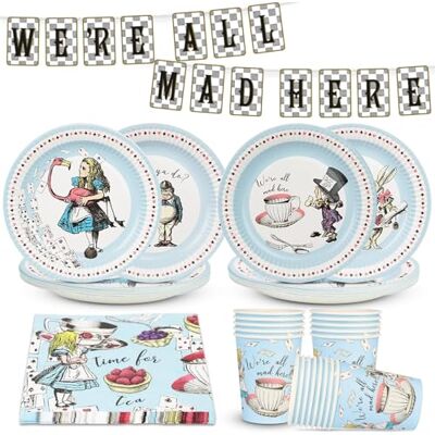 Talking Tables Alice in Wonderland Decorations and Party Tableware for 16 Guests Mad Hatter Bunting, talerze, nappkins, Cups, Table Cover for Birthday, Baby Shower, Book Day Talking Tables Alice in Wonderland Decorations and Party Tableware for 16 Guests Mad Hatter Bunting, talerze, nappkins, Cups, Table Cover for Birthday, Baby Shower, Book Day