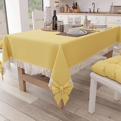 PETTI Artigiani Italiani obrus, obrus stołowy, prostokątny obrus kuchenny z koronką Sangallo i kokardkami, obrus na stół jednolity kolor bawełny, X12 miejsc (140 x 240 cm) żółty PETTI Artigiani Italiani obrus, obrus stołowy, prostokątny obrus kuchenny z koronką Sangallo i kokardkami, obrus na stół jednolity kolor bawełny, X12 miejsc (140 x 240 cm) żółty