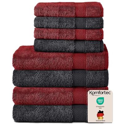 Komfortec 8-częściowy zestaw ręczników ze 100% bawełny, 4 ręczniki kąpielowe 70 x 140 cm i 4 ręczniki do rąk 50 x 100 cm, frotte, miękkie, duże ręczniki, czarne/czerwone Aurora Komfortec 8-częściowy zestaw ręczników ze 100% bawełny, 4 ręczniki kąpielowe 70 x 140 cm i 4 ręczniki do rąk 50 x 100 cm, frotte, miękkie, duże ręczniki, czarne/czerwone Aurora
