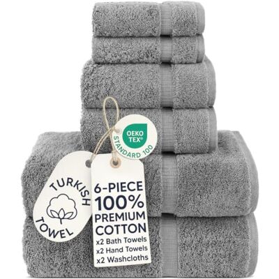 Chakir Turkish Linens Luksusowa jakość spa i hotelowa wysokiej jakości turecka bawełna, 6-częściowy zestaw ręczników (2 x ręczniki kąpielowe, 2 x ręcznik do rąk, 2 x myjka, szary) Chakir Turkish Linens Luksusowa jakość spa i hotelowa wysokiej jakości turecka bawełna, 6-częściowy zestaw ręczników (2 x ręczniki kąpielowe, 2 x ręcznik do rąk, 2 x myjka, szary)