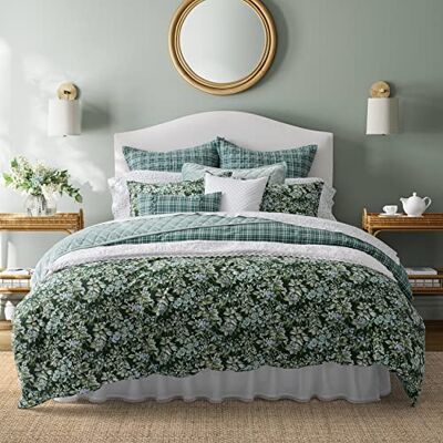 Laura Ashley Bawełniany zestaw dwustronnej pościeli, zawiera pasujące poszewki z bonusowymi wkładkami i poduszkami ozdobnymi, Bramble Floral Green, Queen Laura Ashley Bawełniany zestaw dwustronnej pościeli, zawiera pasujące poszewki z bonusowymi wkładkami i poduszkami ozdobnymi, Bramble Floral Green, Queen