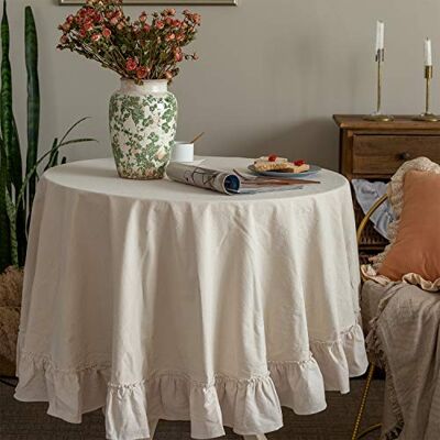 GLORY SEASON Retro wiejski obrus z falbanami bawełniane falbanki wykończenie zmywalny obrus obrus na okrągły stół baby shower kuchnia impreza ślub dekoracja biały, 188 cm okrągły GLORY SEASON Retro wiejski obrus z falbanami bawełniane falbanki wykończenie zmywalny obrus obrus na okrągły stół baby shower kuchnia impreza ślub dekoracja biały, 188 cm okrągły