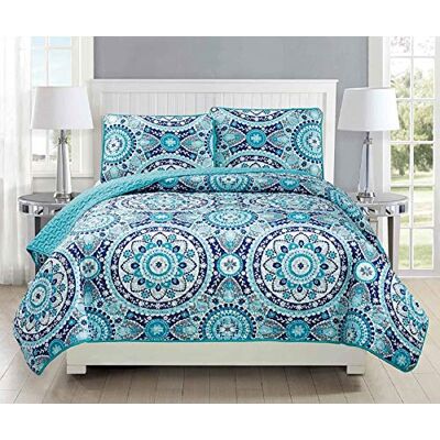 Fancy Linen Fantazyjna kolekcja 3 szt. King/California King Oversize pikowana narzuta na łóżko zestaw kwiatowy turkusowy niebieski szary turkusowy nowy Fancy Linen Fantazyjna kolekcja 3 szt. King/California King Oversize pikowana narzuta na łóżko zestaw kwiatowy turkusowy niebieski szary turkusowy nowy