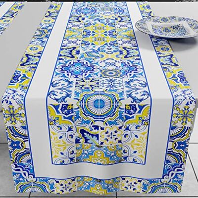 PETTI Artigiani Italiani PETTI włoscy rzemieślnicy Runner Stół, Runner Kuchnia, Obrusy Runner, druk cyfrowy Vietri niebieski, 100% Made in Italy PETTI Artigiani Italiani PETTI włoscy rzemieślnicy Runner Stół, Runner Kuchnia, Obrusy Runner, druk cyfrowy Vietri niebieski, 100% Made in Italy