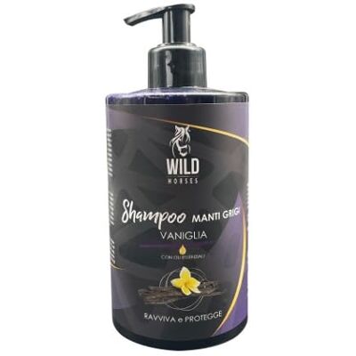 WILD HORSES Szampon koni Manti szary z olejkami eterycznymi, w przypadku matowego płaszcza, kolor waniliowy, 500 ml, wyprodukowany we Włoszech WILD HORSES Szampon koni Manti szary z olejkami eterycznymi, w przypadku matowego płaszcza, kolor waniliowy, 500 ml, wyprodukowany we Włoszech