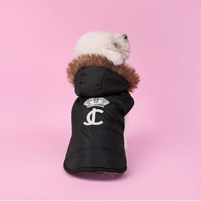Juicy Couture Kurtka z kapturem ze sztucznego futra dla psów i kotów czarna bardzo mała/mała Juicy Couture Kurtka z kapturem ze sztucznego futra dla psów i kotów czarna bardzo mała/mała