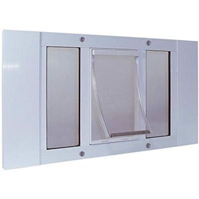 Ideal Pet Products Aluminiowe skrzydło okienne Drzwi dla zwierząt domowych, regulowane w celu dopasowania szerokości okien od 84 cm do 96 cm, rozmiar klapy 25,7 cm x 38 cm Ideal Pet Products Aluminiowe skrzydło okienne Drzwi dla zwierząt domowych, regulowane w celu dopasowania szerokości okien od 84 cm do 96 cm, rozmiar klapy 25,7 cm x 38 cm