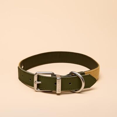 Rosewood x Joules obroża dla psa khaki, duża trwała skóra i detale z taśmy, stylowy design ze szczotkowaną metalową klamrą, wysokiej jakości akcesorium dla zwierząt domowych Rosewood x Joules obroża dla psa khaki, duża trwała skóra i detale z taśmy, stylowy design ze szczotkowaną metalową klamrą, wysokiej jakości akcesorium dla zwierząt domowych