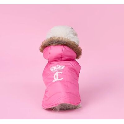 Juicy Couture Kurtka ze sztucznego futra z kapturem dla psów i kotów różowy (Hot Pink) rozmiar M/L Juicy Couture Kurtka ze sztucznego futra z kapturem dla psów i kotów różowy (Hot Pink) rozmiar M/L