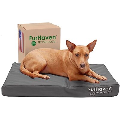 Furhaven Średnie ortopedyczne legowisko dla psa wodoodporne wewnątrz/na zewnątrz logo nadruk Oxford Polycanvas materac ze zdejmowanym pokrowcem nadającym się do prania szary kamień, średni Furhaven Średnie ortopedyczne legowisko dla psa wodoodporne wewnątrz/na zewnątrz logo nadruk Oxford Polycanvas materac ze zdejmowanym pokrowcem nadającym się do prania szary kamień, średni