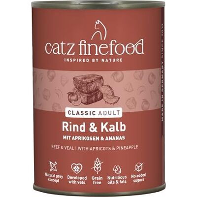 catz finefood N° 7 Karma dla kotów delikatesowa wołowina i cielęcina, mokra karma dla kotów, uszlachetniona morelą i ananasem, 6 x 400 g puszek catz finefood N° 7 Karma dla kotów delikatesowa wołowina i cielęcina, mokra karma dla kotów, uszlachetniona morelą i ananasem, 6 x 400 g puszek