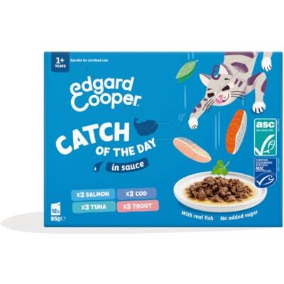 Edgard & Cooper Koperty na mokre karmę dla kotów, wielopak ryb w sosie (12 x 85 g), prawdziwe ryby z naturalnymi składnikami, z łososiem, tuńczykiem, dorszem i pstrągiem, odpowiednie dla kotów Edgard & Cooper Koperty na mokre karmę dla kotów, wielopak ryb w sosie (12 x 85 g), prawdziwe ryby z naturalnymi składnikami, z łososiem, tuńczykiem, dorszem i pstrągiem, odpowiednie dla kotów