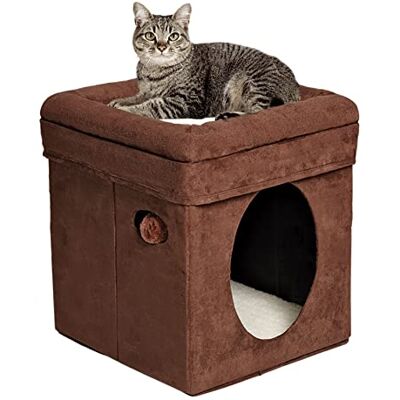 MidWest Homes for Pets Feline Nuvo Curious Cat Cube, Foldable Pet Hideout with Toy, Bolstered Bed Top, Faux Brown Suede, Synthetic Sheepskin MidWest Homes for Pets Feline Nuvo Curious Cat Cube, Foldable Pet Hideout with Toy, Bolstered Bed Top, Faux Brown Suede, Synthetic Sheepskin