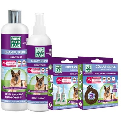 Menforsan , Zestaw 4 produktów przeciwpasożytniczych dla psów, zawiera cztery produkty odstraszające, obrożę, szampon, spray i dwie sztuki pipet przeciw owadom, zwalcza wszelkie owady Menforsan , Zestaw 4 produktów przeciwpasożytniczych dla psów, zawiera cztery produkty odstraszające, obrożę, szampon, spray i dwie sztuki pipet przeciw owadom, zwalcza wszelkie owady