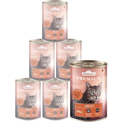 Dehner Premium karma dla kotów, mokra karma bez garbów, dla dorosłych kotów, drobiu, puszka 6 x 400 g (2,4 kg) Dehner Premium karma dla kotów, mokra karma bez garbów, dla dorosłych kotów, drobiu, puszka 6 x 400 g (2,4 kg)