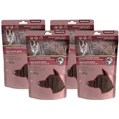 Chewies Paski mięsne Maxi przysmaki dla psa, w 100% z mięsa końskiego, 4 x 150 g, suszone na powietrzu paski do żucia dla psów, bez cukru i zbóż, konie, suszone mięso Chewies Paski mięsne Maxi przysmaki dla psa, w 100% z mięsa końskiego, 4 x 150 g, suszone na powietrzu paski do żucia dla psów, bez cukru i zbóż, konie, suszone mięso