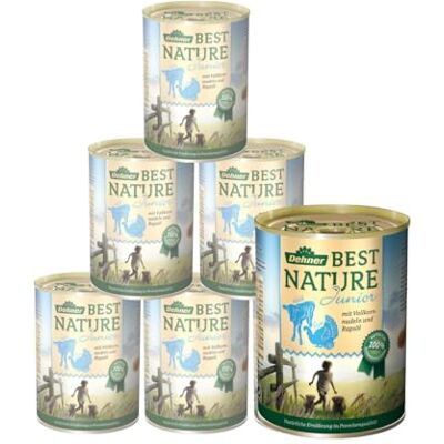 Dehner Best Nature karma dla psów, mokra karma bez zbóż, dla szczeniaków i młodych psów, indyk/cielęcina/makaron pełnoziarnisty, 6 x 400 g puszka (2,4 kg) Dehner Best Nature karma dla psów, mokra karma bez zbóż, dla szczeniaków i młodych psów, indyk/cielęcina/makaron pełnoziarnisty, 6 x 400 g puszka (2,4 kg)