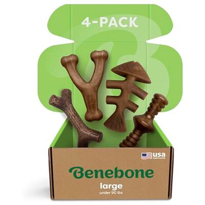 Benebone Niezniszczalne pudełko na prezent dla agresywnych żucia z wahaczem, w jodełkę, kij i zaggler, długotrwała nuda, aromaty, dla dużych psów, wyprodukowane w Benebone Niezniszczalne pudełko na prezent dla agresywnych żucia z wahaczem, w jodełkę, kij i zaggler, długotrwała nuda, aromaty, dla dużych psów, wyprodukowane w