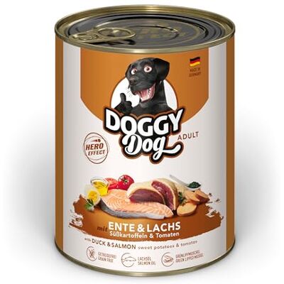 DOGGY Dog Paté Kaczka i łosoś, 6 x 800 g, mokra karma dla psów, bezzbożowa karma dla psów z olejem łososiowym i małżem zielonowargowym, pełnoporcjowa karma ze słodkimi ziemniakami i pomidorami, Made DOGGY Dog Paté Kaczka i łosoś, 6 x 800 g, mokra karma dla psów, bezzbożowa karma dla psów z olejem łososiowym i małżem zielonowargowym, pełnoporcjowa karma ze słodkimi ziemniakami i pomidorami, Made