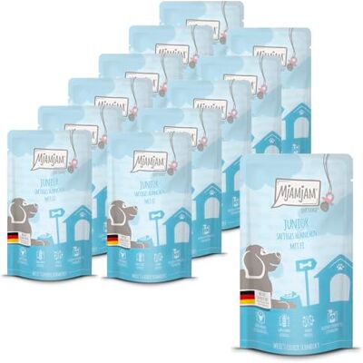 MjAMjAM Mokra karma Premium dla psów Quetschie Szczenię soczysty kurczak z jajkiem, 12-pak (12 x 125g), bezzbożowa z dodatkowym mięsem MjAMjAM Mokra karma Premium dla psów Quetschie Szczenię soczysty kurczak z jajkiem, 12-pak (12 x 125g), bezzbożowa z dodatkowym mięsem