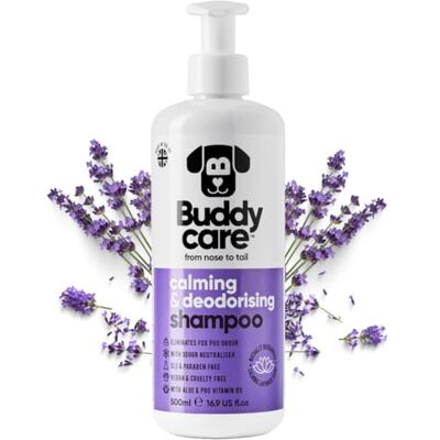 Buddycare Kojący i dezodoryzujący szampon firmy – lawendowy szampon dla psów, z aloesem i pro-witaminą B5 (500 ml) Buddycare Kojący i dezodoryzujący szampon firmy – lawendowy szampon dla psów, z aloesem i pro-witaminą B5 (500 ml)