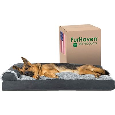 Furhaven Dwukolorowa poduszka dla psa ze sztucznego futra i zamszu w kształcie litery L ze zdejmowanym i nadającym się do prania pokrowcem kamienny szary, Jumbo (rozmiar XL) Furhaven Dwukolorowa poduszka dla psa ze sztucznego futra i zamszu w kształcie litery L ze zdejmowanym i nadającym się do prania pokrowcem kamienny szary, Jumbo (rozmiar XL)