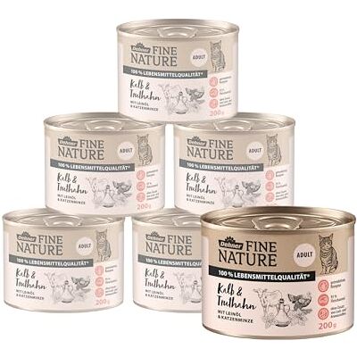 Dehner Fine Nature karma dla kotów, mokra karma bez zbóż, dla dorosłych kotów, cielęcina/indyka, puszka 6 x 200 g (1,2 kg) Dehner Fine Nature karma dla kotów, mokra karma bez zbóż, dla dorosłych kotów, cielęcina/indyka, puszka 6 x 200 g (1,2 kg)