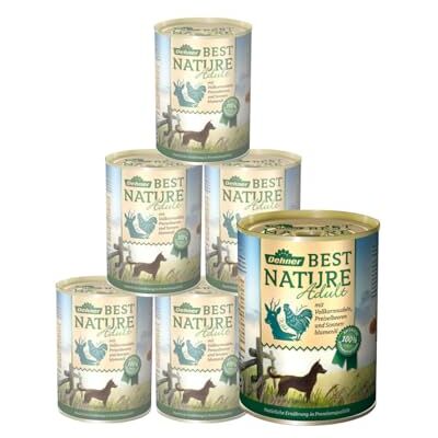 Dehner Best Nature karma dla psów, mokra karma bez zbóż, dla dorosłych psów, dziczyzna, kurczak, makaron, 6 x 400 g puszka (2,4 kg) Dehner Best Nature karma dla psów, mokra karma bez zbóż, dla dorosłych psów, dziczyzna, kurczak, makaron, 6 x 400 g puszka (2,4 kg)