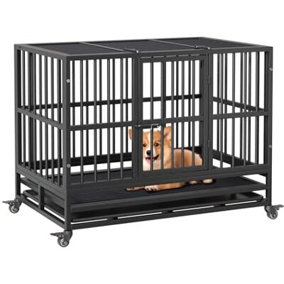 GarveeHome Składana dwudrzwiowa skrzynia dla psów 94 x 58,5 x 74,8 cm, wytrzymała klatka dla psów z kołami 360°, z wyjmowaną tacą dla średnich i dużych psów GarveeHome Składana dwudrzwiowa skrzynia dla psów 94 x 58,5 x 74,8 cm, wytrzymała klatka dla psów z kołami 360°, z wyjmowaną tacą dla średnich i dużych psów