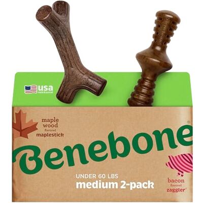 Benebone 2-pak niezniszczalnego klonu/zaggler dla agresywnych gryzaków, długotrwały trwały łamacz nudy dla psów, prawdziwy smak bekonu i drewna klonowego, dla średnich psów, wyprodukowano w USA Benebone 2-pak niezniszczalnego klonu/zaggler dla agresywnych gryzaków, długotrwały trwały łamacz nudy dla psów, prawdziwy smak bekonu i drewna klonowego, dla średnich psów, wyprodukowano w USA
