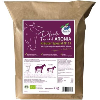 Aronia Original Bio Aronia Spezial nr 17 dla koni, 1 kg – pielęgnacja skóry i dobre samopoczucie, karma uzupełniająca dla wszystkich ras, ręcznie wykonana w Niemczech, 100% ekologiczna Aronia Original Bio Aronia Spezial nr 17 dla koni, 1 kg – pielęgnacja skóry i dobre samopoczucie, karma uzupełniająca dla wszystkich ras, ręcznie wykonana w Niemczech, 100% ekologiczna