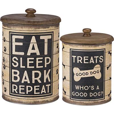 Primitives by Kathy Farmhouse postarzany malowany metalowy zestaw 2 puszek z drewnianymi pokrywkami na przysmaki dla psów – 'Eat Sleep Bark Repeat and Good Dog' Primitives by Kathy Farmhouse postarzany malowany metalowy zestaw 2 puszek z drewnianymi pokrywkami na przysmaki dla psów – 'Eat Sleep Bark Repeat and Good Dog'