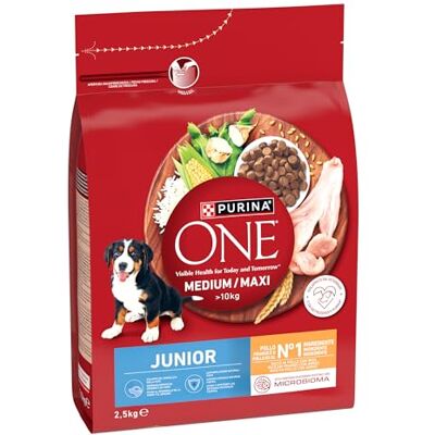 Purina ONE Medium/Maxi > 10 kg junior krokiety dla psów kurczak z ryżem, 4 opakowania po 2,5 kg Purina ONE Medium/Maxi > 10 kg junior krokiety dla psów kurczak z ryżem, 4 opakowania po 2,5 kg
