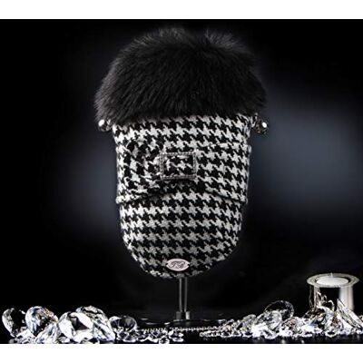 Trilly Natasha Fantazyjny płaszcz Pied de Poule z futrzanym kołnierzem i broszką Rhinestone, XXS 1 produkt Trilly Natasha Fantazyjny płaszcz Pied de Poule z futrzanym kołnierzem i broszką Rhinestone, XXS 1 produkt