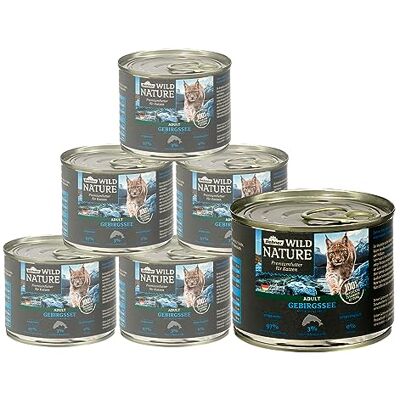Dehner Wild Nature karma dla kotów, jezioro górskie, mokra karma bez zbóż, dla dorosłych kotów, łososia/pstrąga, 6 x 200 g puszka (1,2 kg) Dehner Wild Nature karma dla kotów, jezioro górskie, mokra karma bez zbóż, dla dorosłych kotów, łososia/pstrąga, 6 x 200 g puszka (1,2 kg)