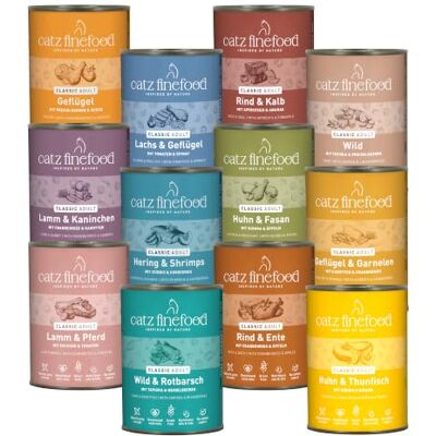 catz finefood Classic Collection mokra karma dla kotów XXL Gourmet mokra karma dla Twojego kota bez cukru i zbóż, bezglutenowa – z dużą zawartością mięsa, Made in Germany (12 x 400 g puszek) catz finefood Classic Collection mokra karma dla kotów XXL Gourmet mokra karma dla Twojego kota bez cukru i zbóż, bezglutenowa – z dużą zawartością mięsa, Made in Germany (12 x 400 g puszek)