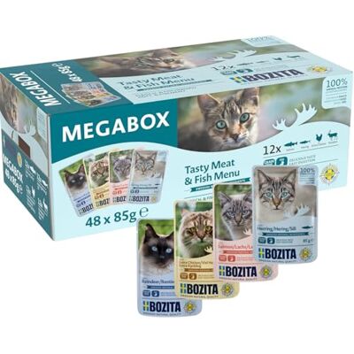 Bozita Kot przekąski w sosie w woreczku porcjowanym Megabox 48 x 85 g – super smaczne, bez zbóż, bez cukru – po 12 x renifery, dużo kurczaka, łososia, śledzia – MEGAPACK Bozita Kot przekąski w sosie w woreczku porcjowanym Megabox 48 x 85 g – super smaczne, bez zbóż, bez cukru – po 12 x renifery, dużo kurczaka, łososia, śledzia – MEGAPACK