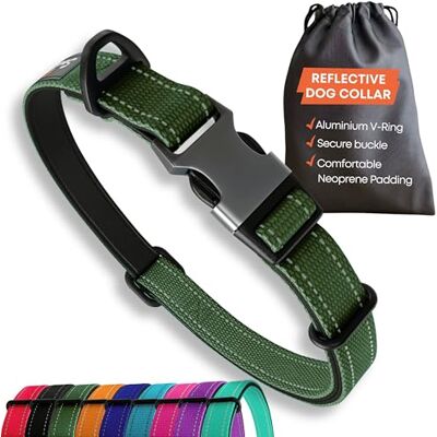 Sweetie Mocna obroża dla dużych psów – zielona, odblaskowa, regulowana, wyściełana obroża dla psów, metalowa klamra, aluminiowy pierścień w kształcie litery V, bezpieczeństwo psa Sweetie Mocna obroża dla dużych psów – zielona, odblaskowa, regulowana, wyściełana obroża dla psów, metalowa klamra, aluminiowy pierścień w kształcie litery V, bezpieczeństwo psa