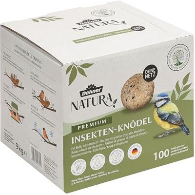 Dehner Natura Premium kule z sikorkami bez siatki, kuleczki dla owadów, całoroczna karma dla dzikich ptaków, bogata w białko/energię, 100 sztuk po 90 g (9 kg), karton z certyfikatem FSC Dehner Natura Premium kule z sikorkami bez siatki, kuleczki dla owadów, całoroczna karma dla dzikich ptaków, bogata w białko/energię, 100 sztuk po 90 g (9 kg), karton z certyfikatem FSC