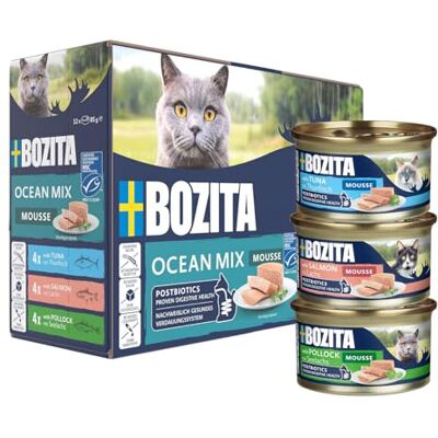 Bozita Mousse Ocean Mix – mokra karma dla smakoszy w małych dawkach 12 x 85 g z postbiotykami wspomagającymi zdrową florę jelitową z tuńczykiem, łososiem i mintaja Bozita Mousse Ocean Mix – mokra karma dla smakoszy w małych dawkach 12 x 85 g z postbiotykami wspomagającymi zdrową florę jelitową z tuńczykiem, łososiem i mintaja