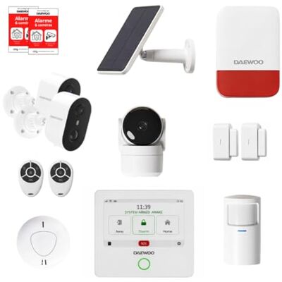 Daewoo Touch Pro Smart Home Alarm bez abonamentu z kamerą wewnętrzną HD, 2 kamerami zewnętrznymi, syreną słoneczną, czujnikiem dymu, 2 czujnikami drzwi Alexa i Google Home Daewoo Touch Pro Smart Home Alarm bez abonamentu z kamerą wewnętrzną HD, 2 kamerami zewnętrznymi, syreną słoneczną, czujnikiem dymu, 2 czujnikami drzwi Alexa i Google Home