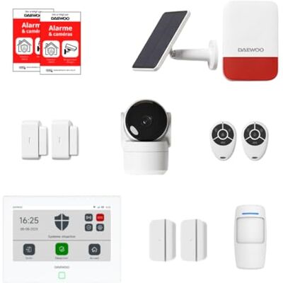 Daewoo Smart Protect Essential pakiet alarmowy inteligentnego domu z kamerą HD, solarną syreną zewnętrzną i 4 stycznikami drzwiowymi kompatybilny z Alexa i Google Home Daewoo Smart Protect Essential pakiet alarmowy inteligentnego domu z kamerą HD, solarną syreną zewnętrzną i 4 stycznikami drzwiowymi kompatybilny z Alexa i Google Home