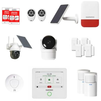 Daewoo Ultra+ Touch Alarm Connected Home Pack obrotowa kamera zewnętrzna solarna, kamera wewnętrzna HD, syrena słoneczna i czujnik dymu Alexa i Google Home Daewoo Ultra+ Touch Alarm Connected Home Pack obrotowa kamera zewnętrzna solarna, kamera wewnętrzna HD, syrena słoneczna i czujnik dymu Alexa i Google Home