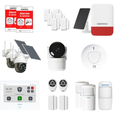 Daewoo Bezprzewodowy alarm domowy Ultimate Max Pack z 2 słonecznymi kamerami zewnętrznymi, kamerą wewnętrzną, 2 czujnikami ruchu i syreną bez abonamentu Alexa i Google Home Daewoo Bezprzewodowy alarm domowy Ultimate Max Pack z 2 słonecznymi kamerami zewnętrznymi, kamerą wewnętrzną, 2 czujnikami ruchu i syreną bez abonamentu Alexa i Google Home