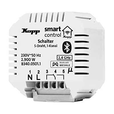 Kopp Sterownik przełączający Smart-Control, 1 kanał, 5-przewodowa, inteligentna technologia Bluetooth, Amazon Alexa, Apple Home Kit, Google Home, 834005011 Kopp Sterownik przełączający Smart-Control, 1 kanał, 5-przewodowa, inteligentna technologia Bluetooth, Amazon Alexa, Apple Home Kit, Google Home, 834005011